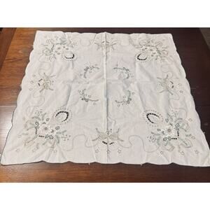 Vintage Embroidered Christmas tablecloth 32" Square Cream Green Bells Germany